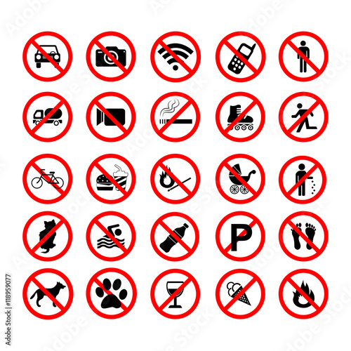 Set ban icons Prohibited symbols red circle signs on white background
