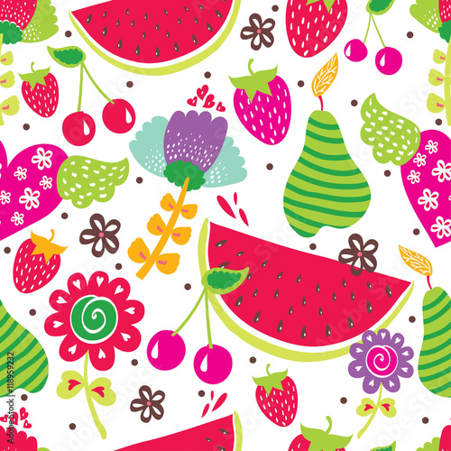 Cute seamless pattern with summer fruits.