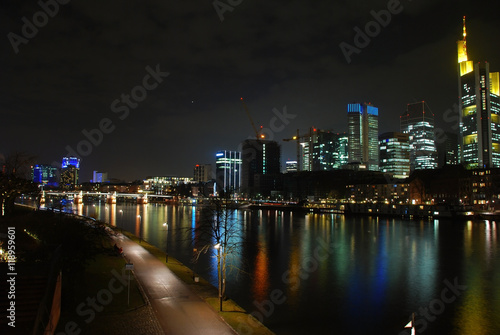 Skyscrapers of Frankfurt night view from the Main embankment