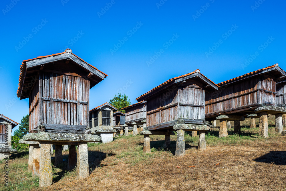 Horreos (granaries) of A Merca, the highest concentration of horreos in Galicia (Spain)