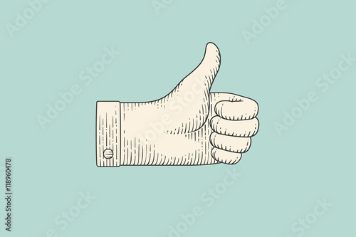 Vintage drawing of hand sign giving ok or thumbs up in engraving retro style, isolated on mint color background. Old drawn thumbs up for sign, information sign and navigation. Vector Illustration