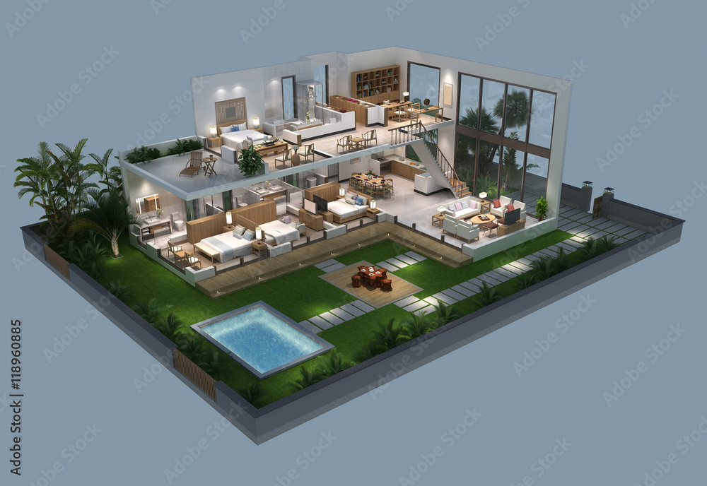 3d illustration of isometric view of a villa
