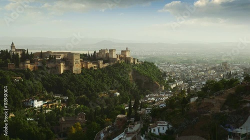 Beautiful view of Granada city in Spain with a famous alhambra tourist attraction on a hill