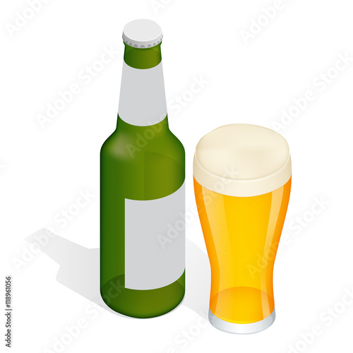 Isometric Bottle of beer with drops and Glass  