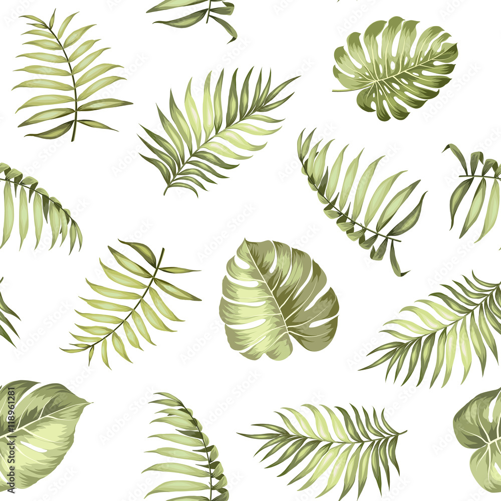 Topical palm leaves on seamless pattern for fabric texture. Vector illustration. Topical palm leaves on seamless pattern for fabric texture. Vector illustration.