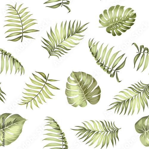 Topical palm leaves on seamless pattern for fabric texture. Vector illustration.