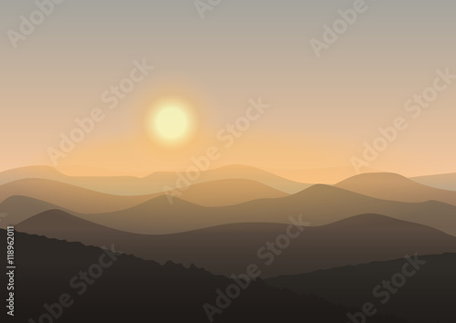 Cartoon mountain landscape in sunrise. Background Outdoor Recreation concept illustration.