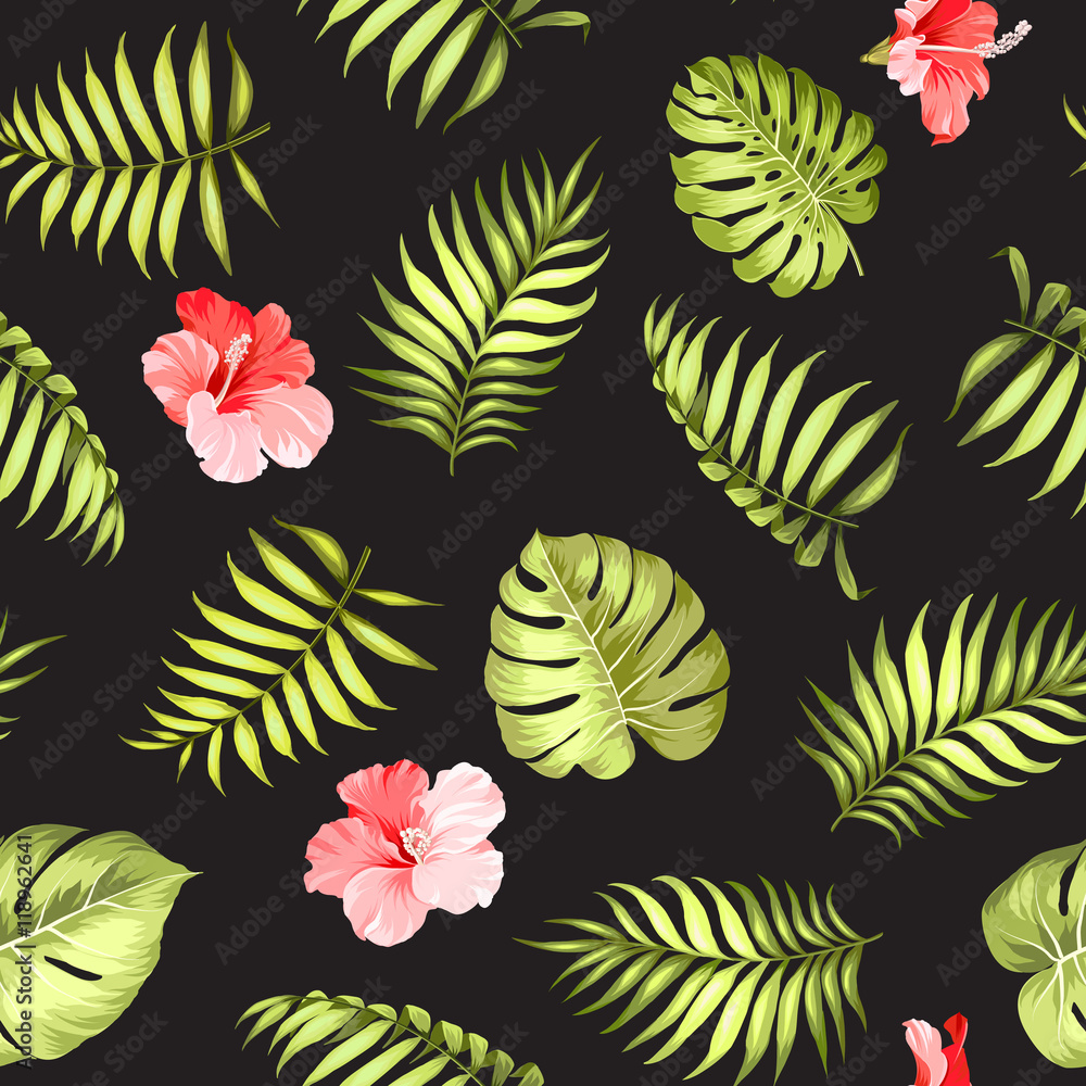 Flowers and palm leaves on a black background