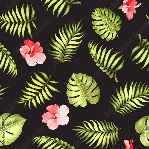 Topical palm leaves and flowers on seamless pattern for fabric texture. Vector illustration.