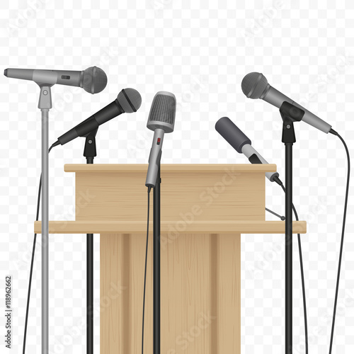 Press conference speaker podium tribune with microphones on the alpha background.