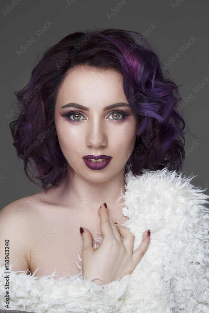 Portrait of beautiful fashion model with violet hair Portrait of beautiful fashion model with violet hair