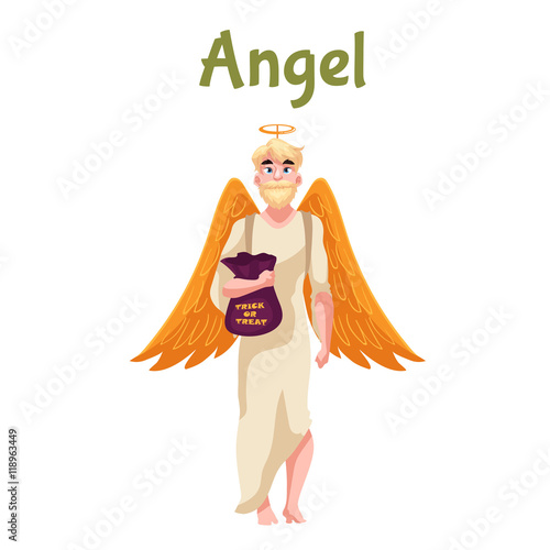 Man dressed in angel costume for Halloween with wings and nimbus, cartoon style vector illustration isolated on white background. Angel fancy dress for Halloween idea, man with trick or treat bag