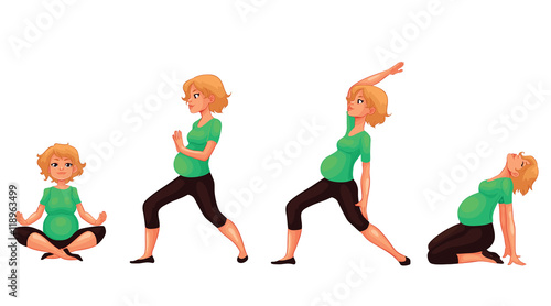 Set with beautiful pregnant woman in various poses of yoga, cartoon style vector illustration isolated on white background. Beautiful pregnant woman doing yoga, collection of asanas, healthy lifestyle