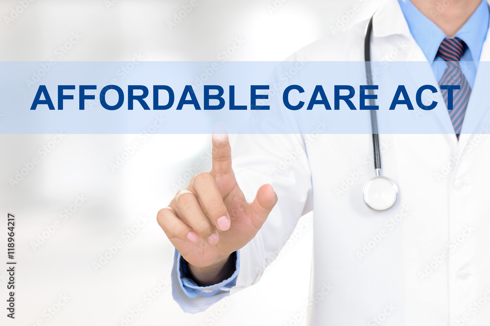 Doctor hand touching AFFORDABLE CARE ACT tab on virtual screen Doctor hand touching AFFORDABLE CARE ACT tab on virtual screen