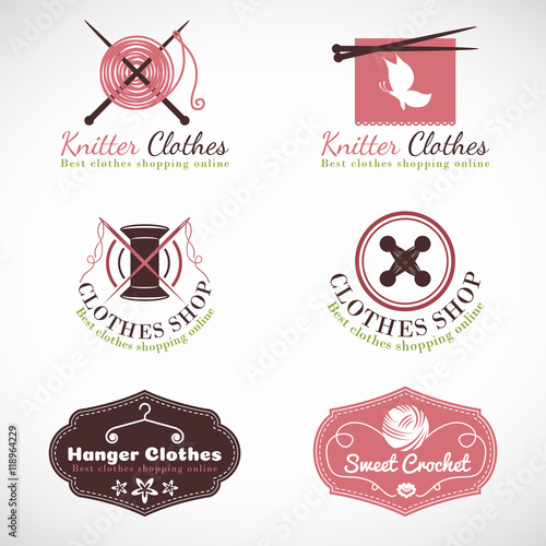 Knitting hanger and crochet vintage Clothes fashion shop  logo vector set design