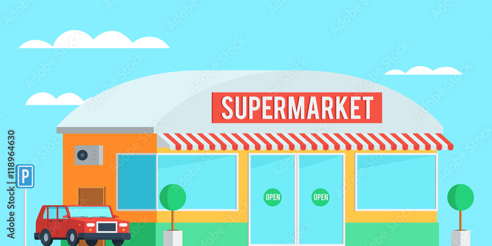 Supermarket exterior with a car Supermarket exterior with a car