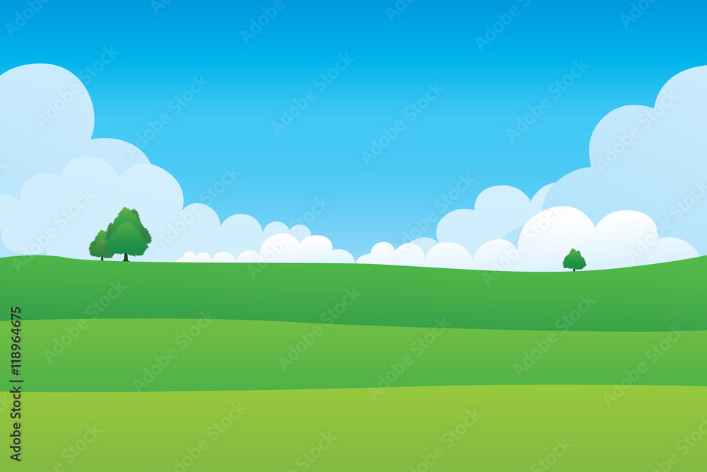 Green hill landscape.  Vector illustration of panorama view with green mountain landscape and cloud sky.