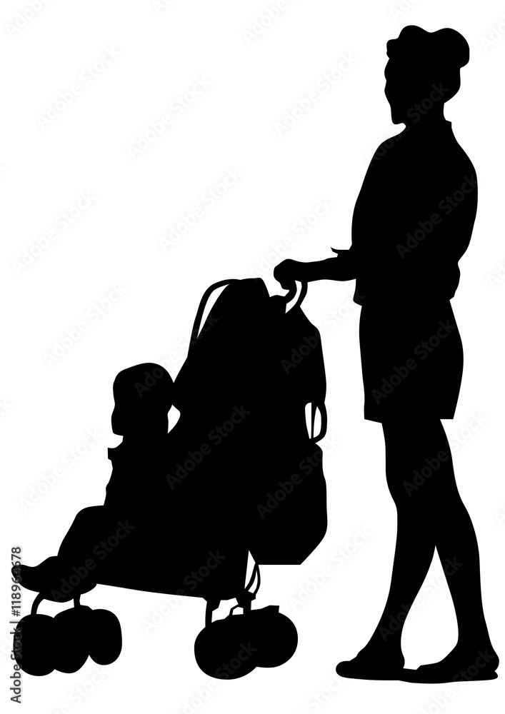 Families with child and carriage on white background