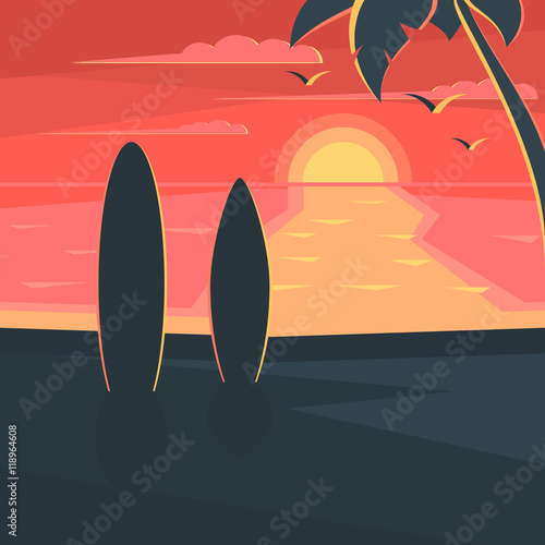 Sunset on the beach with surf