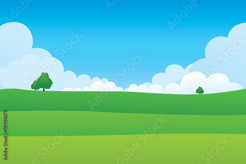 Green hill landscape. Vector illustration of panorama view with green mountain landscape and cloud sky.