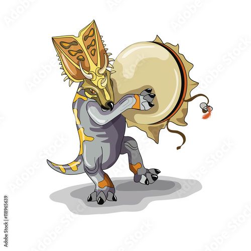 Illustration of a Chasmosaurus dancing a shaman ritual with tambourine. photo