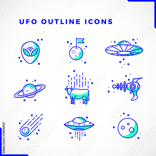 Vector UFO or Alien Icons Set Outline Style . Premium Space Symbols and Signs. Bright Techno Colors.