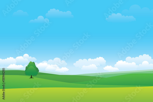 Green hill landscape.  Vector illustration of panorama view with green mountain landscape and cloud sky.