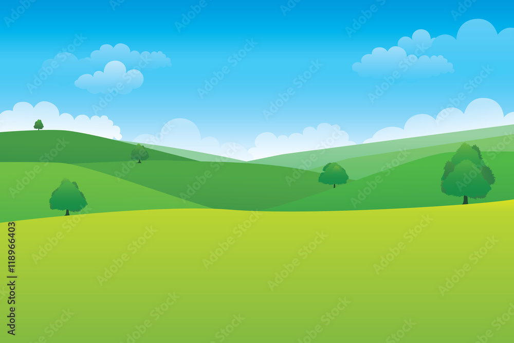 Green hill landscape.  Vector illustration of panorama view with green mountain landscape and cloud sky. - obrazy, fototapety, plakaty 