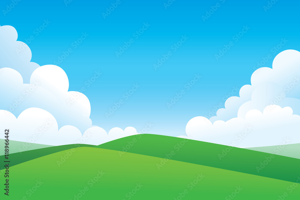 Green hill landscape.  Vector illustration of panorama view with green mountain landscape and cloud sky.