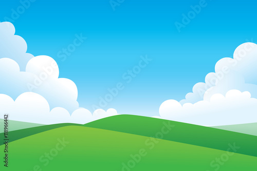 Green hill landscape. Vector illustration of panorama view with green mountain landscape and cloud sky.