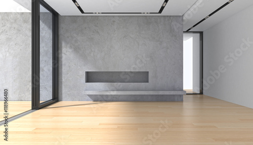 Fototapeta Naklejka Na Ścianę i Meble -  Empty room with concrete wall parquet floor and panoramic window with sunlight