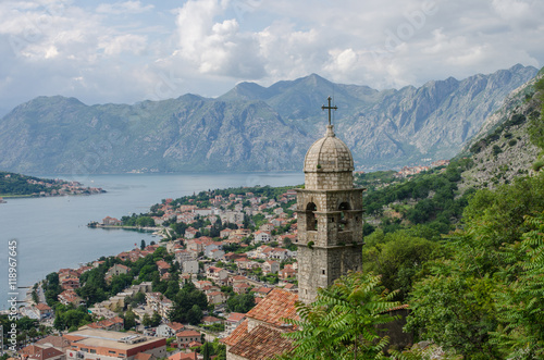 Panoramic view of Kotor with a chapel in the foreground