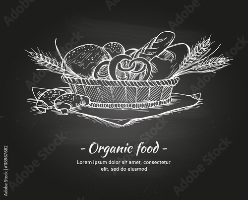Hand drawn vintage vector illustration - Bakery shop. Basket wit pastry. Organic food.