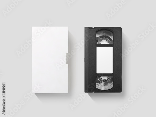 Blank white video cassette tape mockup, isolated, top view, clipping path. Clear vhs cassete case design mock up. Retro tv videotape cover template. Analog movie casette box copy with sticker
