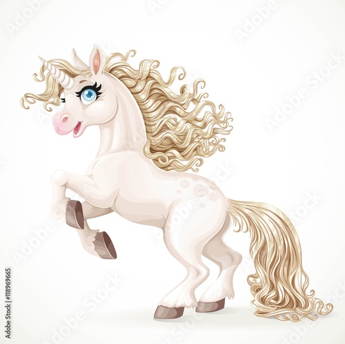 Cute fairytale unicorn with golden mane rearing up isolated on a