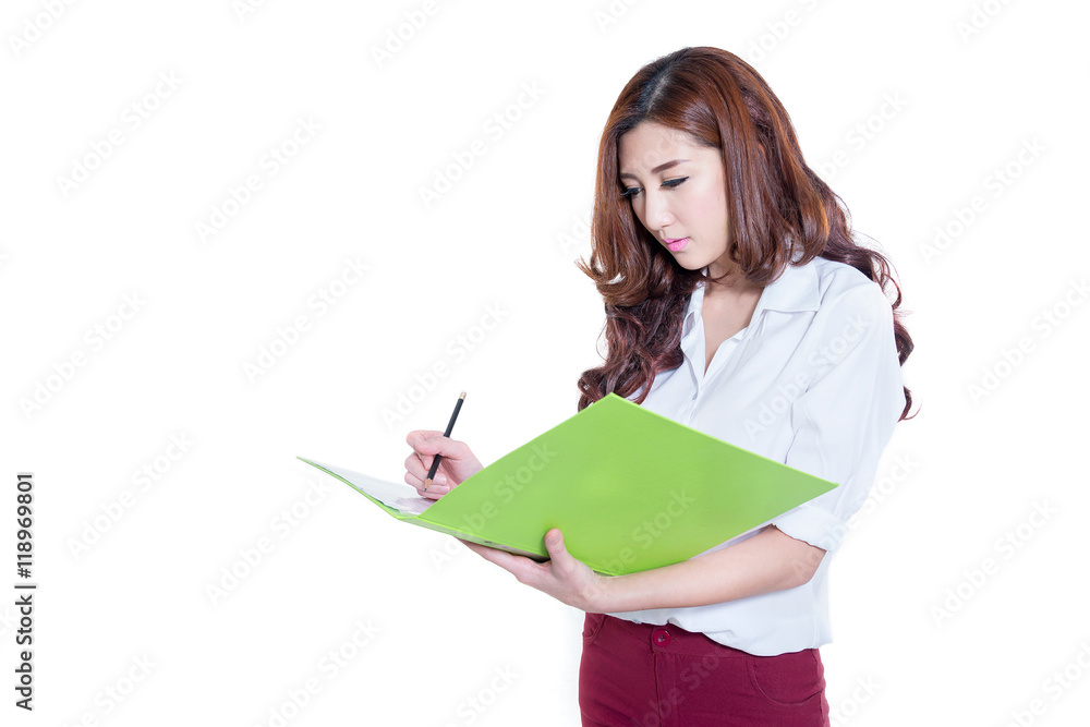 Beautiful asian woman standing and writing document on white background. Beautiful asian woman standing and writing document on white background.