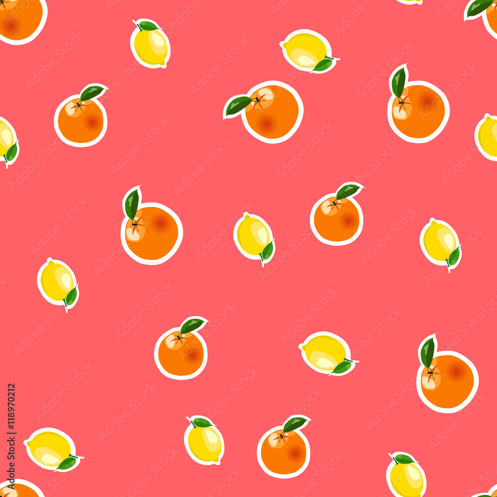 Seamless pattern with small lemon, orange stickers. Fruit isolated on a red background