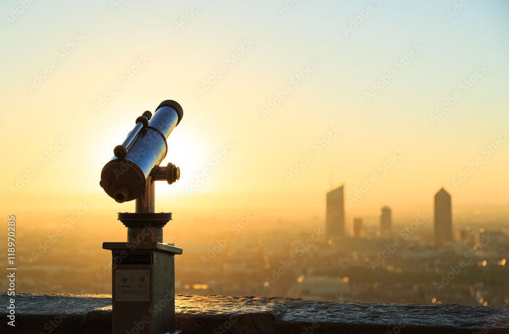 Telescope and panoramic view at Lyon from Fourviere Basilica hill. France