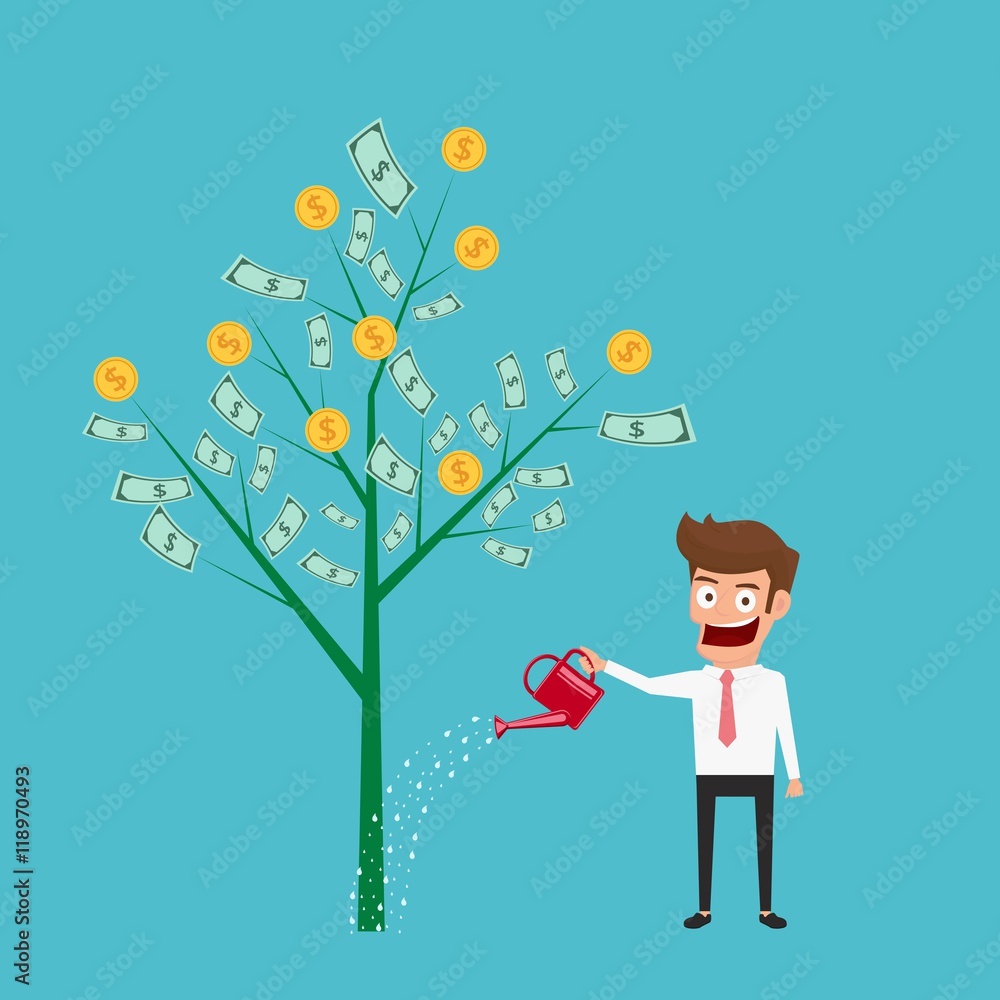 Businessman watering money tree. Money growth, making money, investment,  financial concept. Cartoon Vector Illustration. Stock Vector | Adobe Stock