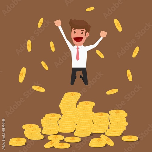 Successful businessman jumping on gold coins, vector Illustration