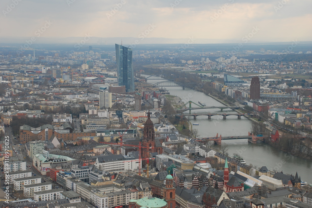 Frankfurt city and river Main view from the top of skyscraper
