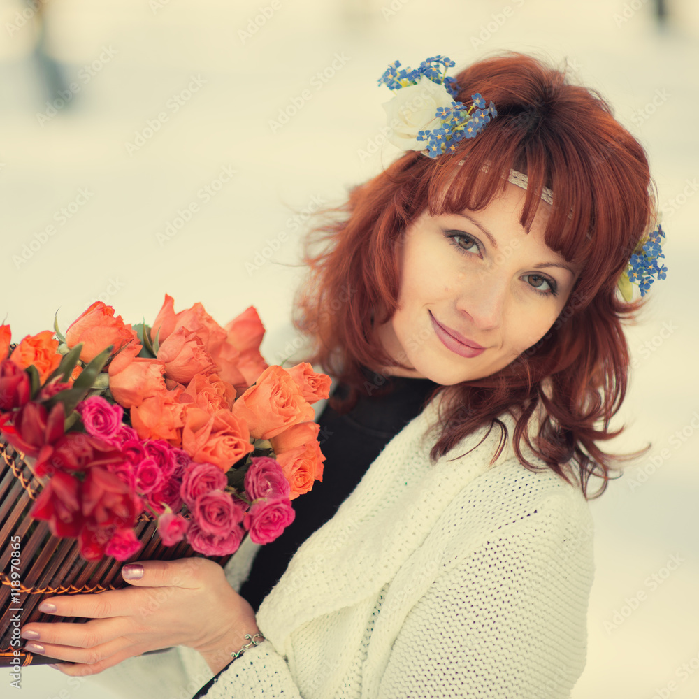 Fototapeta premium Beautiful woman smiling in the woods in spring
