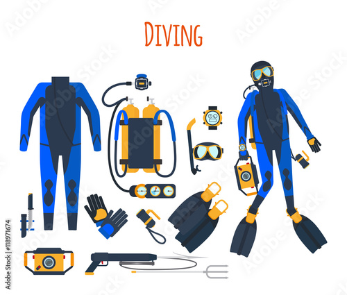 Diving equipment isolated set of vector elements