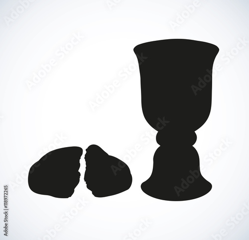 Vector symbols of Communion. Broken bread and wine in bowl