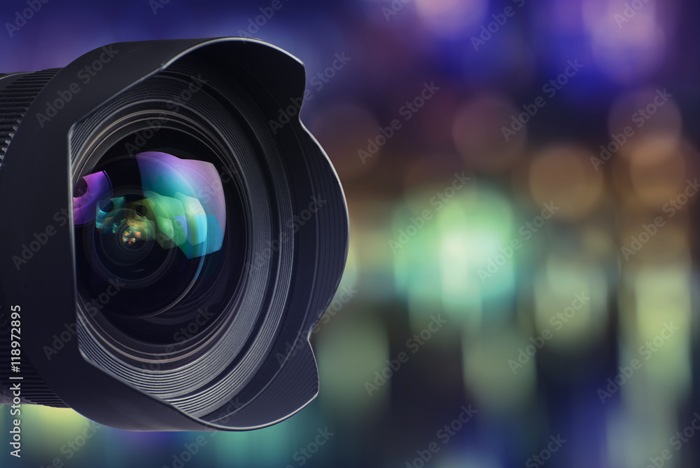 Camera Lens with bokeh background - obrazy, fototapety, plakaty 