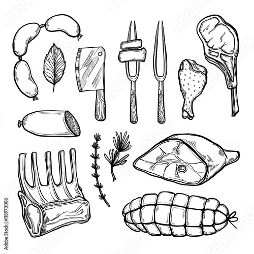 Hand drawn vector illustration - Meat products (chicken, pork, sausages, ribs, herbs). butcher shop. local shop