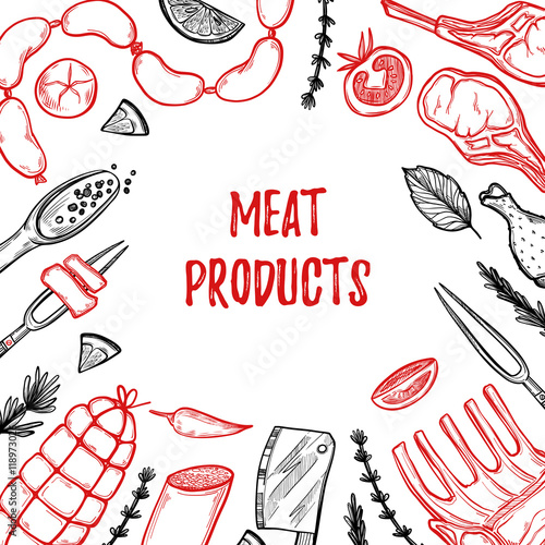 Hand drawn vector illustration - Meat products (chicken, pork, s