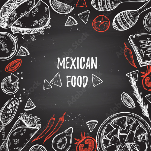 Hand drawn vector illustrations - Mexican food (tacos, nachos, b