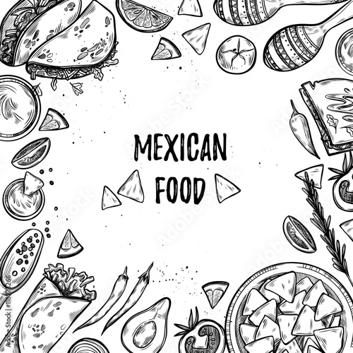 Hand drawn vector illustrations - Mexican food (tacos, nachos, b