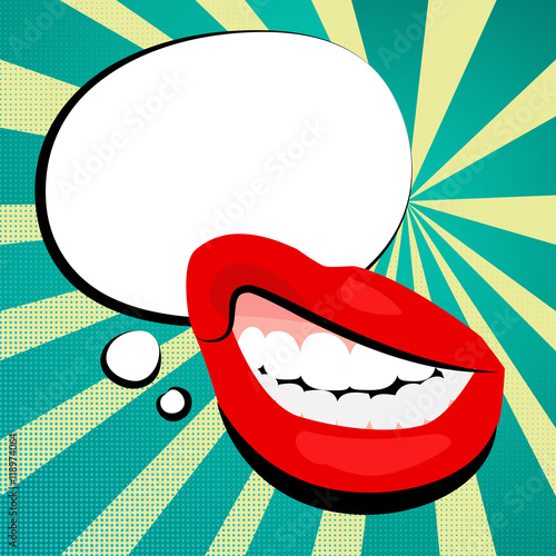 Sexy red daring lips teeth cloud round pop art